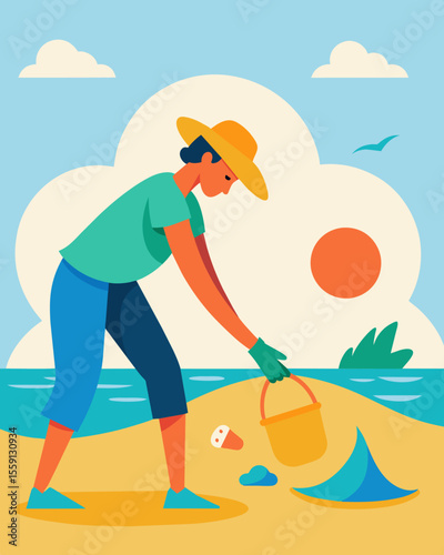 A beachgoer picks up litter while enjoying the sun contributing to coastal cleanup efforts.. Vector illustration
