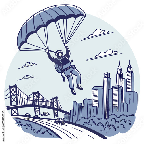 Skydiver descending over cityscape with bridge and cars parachute skyscrapers