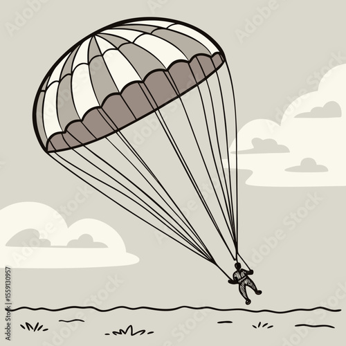Skydiver descending under a deployed parachute with clouds in the background falling skydiving