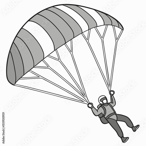 Skydiver descending under a grey and white striped parachute skydiving freefall