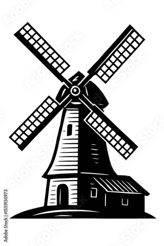 Classic Windmill Building Vector Illustration - Traditional Black and White Design for Agriculture, History, or European Heritage Concepts
