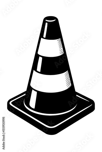 Striped Traffic Cone Vector in Black and White - Ideal for Road Safety, Construction, and Warning Signage Designs