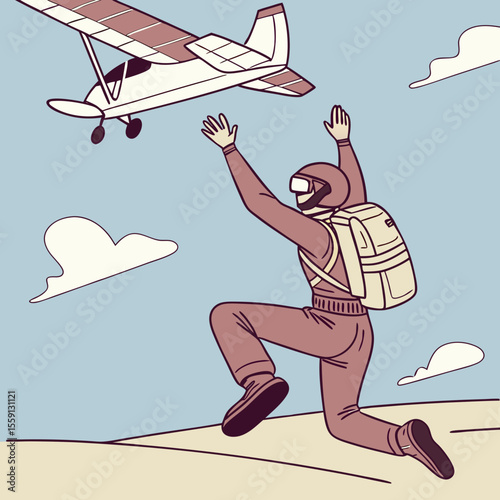 Skydiver leaping from plane with arms raised airplane jumping