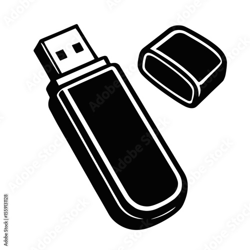 Modern USB Flash Drive Vector in Black and White - Essential for Data Storage, Technology, and Digital Information Designs
