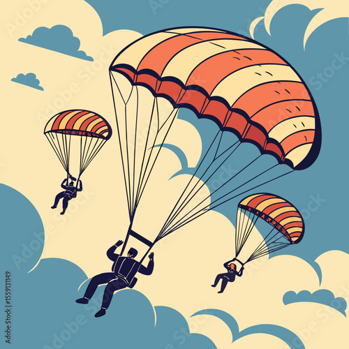 Skydivers descending with colorful parachutes through clouds skydiving descent