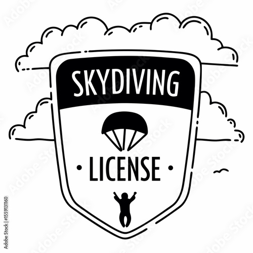 Skydiving license badge with clouds and diver parachute