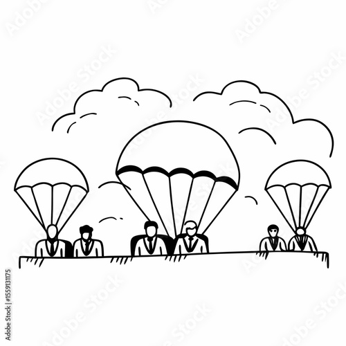 Skydiving competition judges panel with parachutes and clouds vector