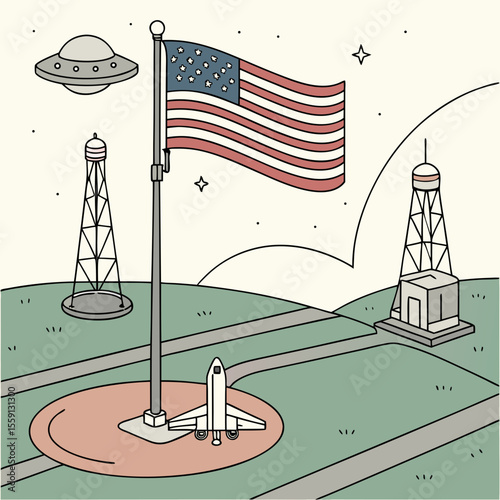 American flag waving near spacecraft and towers landing site science fiction