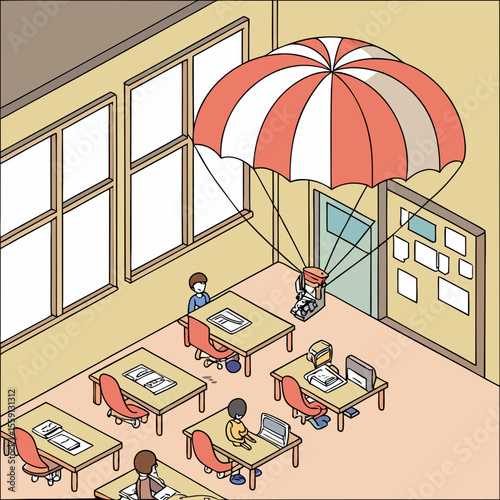 Classroom with parachute rig and students desks chairs