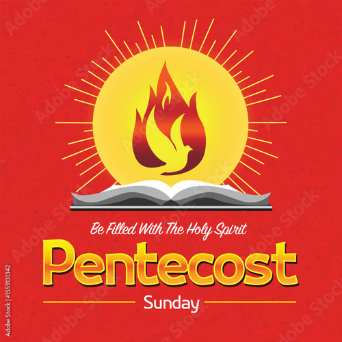 Pentecost Sunday Illustration Be Filled With The Holy Spirit. The Holy Spirit with dove silhouette inside flame and Holy Bible illustration. Invitation design for Pentecost Worship service or banner
