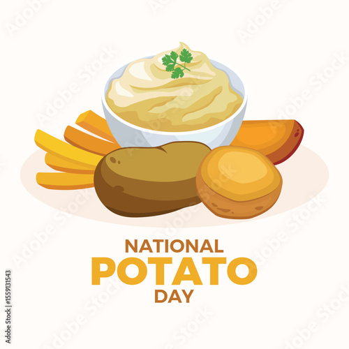 National Potato Day poster vector illustration. Mashed potatoes, french fries, prepared and raw potatoes vector. Template for background, banner, card. Important day
