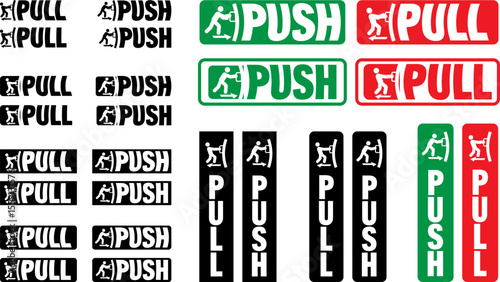 push pull door sticker with pulling and pushing man drawing with black, green, red in horizontal and vertical sticker for print template