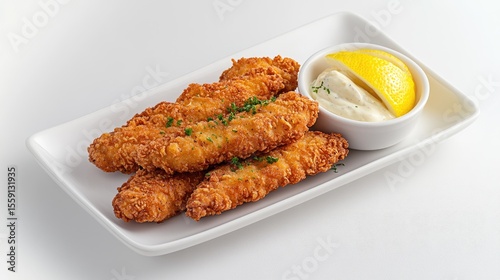 Crumbed chicken schnitzel with lemon and aioli, plated against white background.