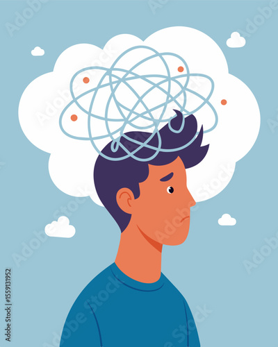 The persons thoughts are a jumbled mess tangled in the thick mental fog that hinders their ability to focus.. Vector illustration