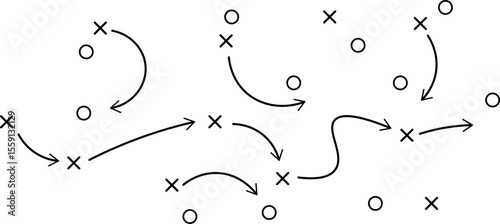 player position, game plan, idea, studying, management of sport event with black lines paths template
