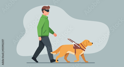 A blind man is guided by his service dog, walking forward with confidence and independence.