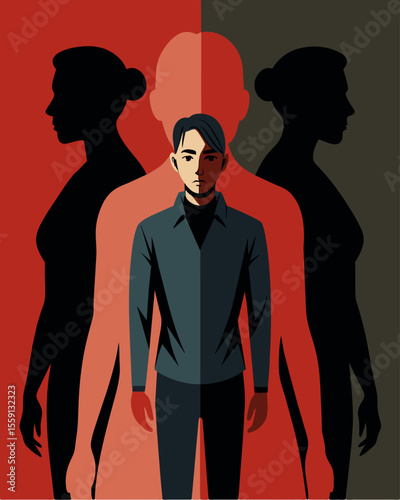 The shadowy outline of a person is overshadowed by two distinct figures in opposing sides reflecting the internal battle between their true self and societal expectations.. Vector illustration