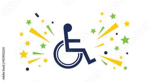 Illustration of a wheelchair icon surrounded by celebratory bursts of stars and lines.