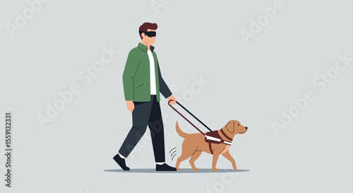 Blind man walking with his guide dog, holding a leash, wearing dark glasses.