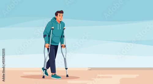 A man walks with crutches on a light-colored surface, set against a light blue background.