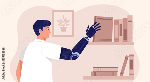 A person with a robotic arm reaches for a framed picture on a bookshelf, showcasing assistive technology in a domestic setting.