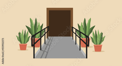 Accessibility ramp leading to a building entrance, flanked by potted plants.