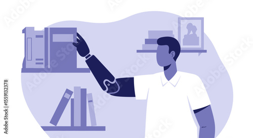 A person with a prosthetic arm reaches for a book on a bookshelf in a home library setting.