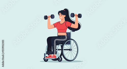 A woman in a wheelchair smiles while lifting dumbbells, showcasing fitness and determination.