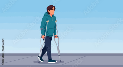 A person with crutches walking down a sidewalk on a clear day.