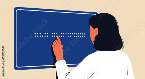 Woman reading braille on a blue sign with her finger.