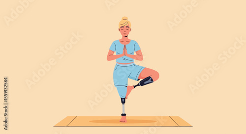 A woman with a prosthetic leg practices yoga, standing in tree pose on a mat.