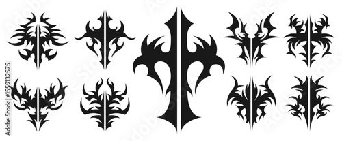 Tribal Tattoo Symbol Set on Transparent Background with Cross and Elements for Gothic, Neo Tribal, Cybersigilism, and Fantasy Tattoo Design Illustration