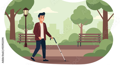 A smiling man with a white cane walks through a park on a pleasant day.