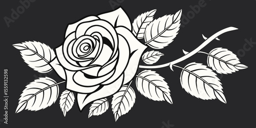 Stylized black and white rose with leaves and thorns isolated on white background