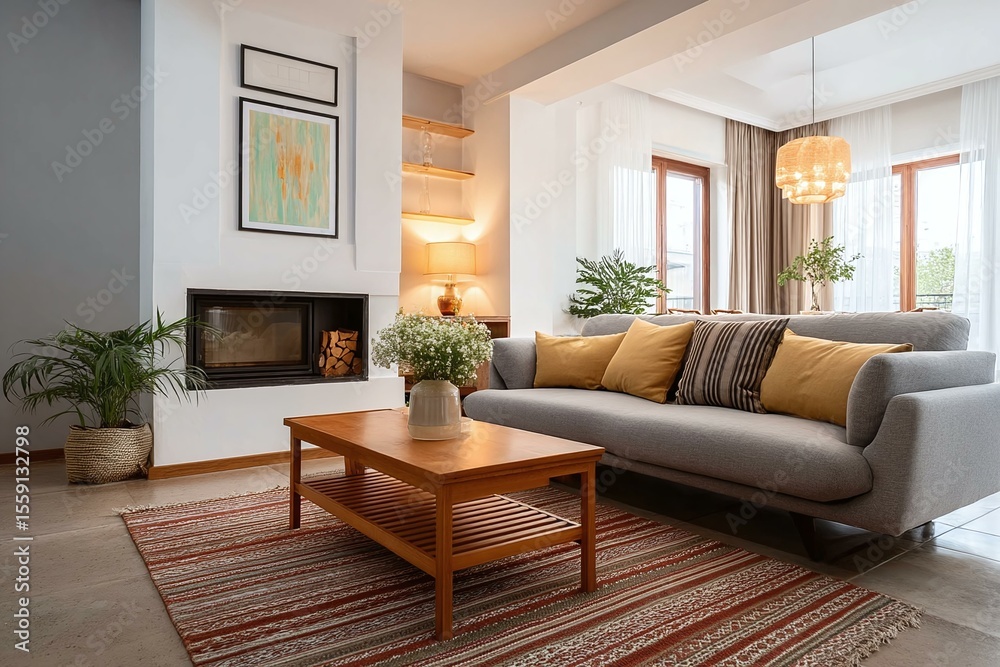 Fototapeta premium Modern Cozy Living Room with Fireplace and Sofa