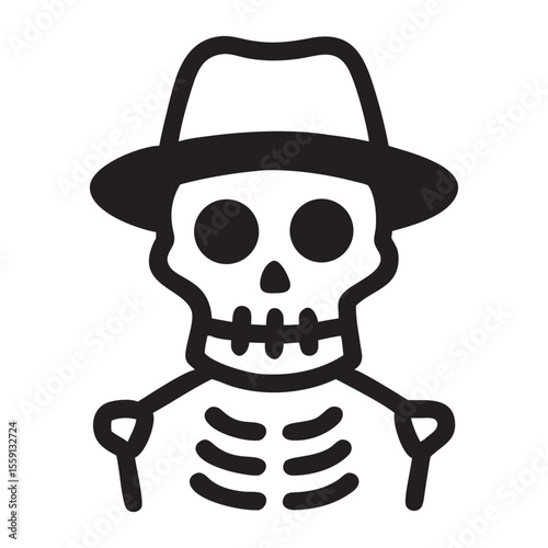 Stylized black and white skeleton wearing a fedora hat icon.