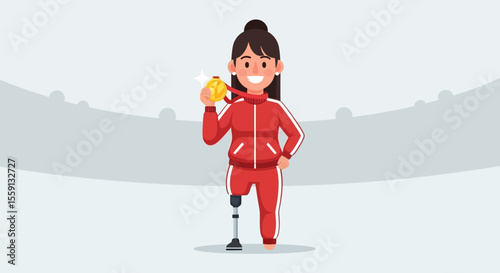 Amputee athlete smiling, holding a gold medal, wearing a red tracksuit, standing proudly.