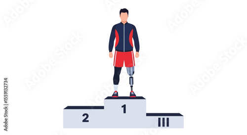 A male athlete with a prosthetic leg stands on the first-place podium step, celebrating a victory.