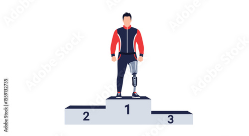 A male athlete with a prosthetic leg stands on the winner's podium, celebrating his victory.