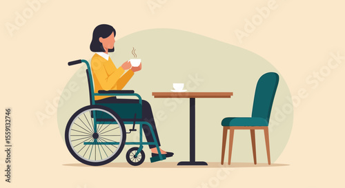 A woman in a wheelchair enjoys a cup of coffee at a table in a cafe.