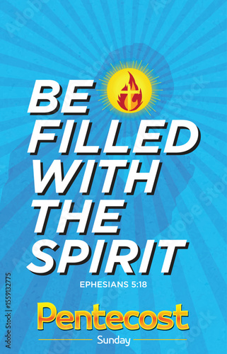Pentecost Sunday Celebration with Spiritual Theme and Inspirational Message. Inspirational art with text emphasizing spiritual renewal, grace, and faith for Pentecost Sunday. Greeting card, poster.

