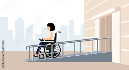Woman in wheelchair ascending a ramp towards a building entrance.