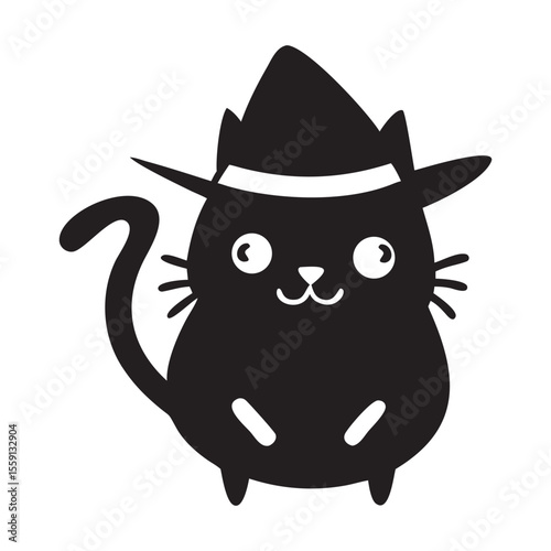 Cute black cat wearing a witch hat for halloween celebration.