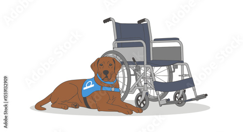 A loyal service dog rests calmly beside a wheelchair, symbolizing assistance and companionship.