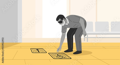 Blind man carefully navigating a room using tactile floor markers.