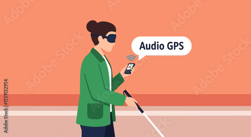 Blind person using audio GPS on smartphone with cane for navigation, assisted by technology.