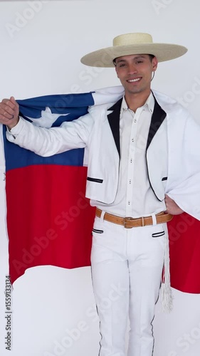 Chilean huaso holding chile flag with pride on white background, Fiestas Patrias celebration 