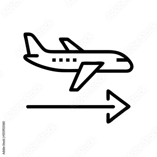 Airplane icon taking off with directional arrow to the right  
