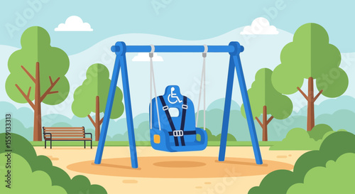 Accessible blue swing set in a park, designed for children with disabilities, providing inclusive play.