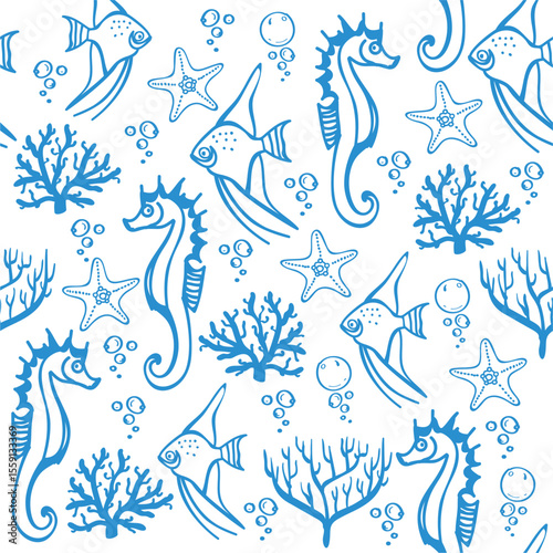 Seamless sea pattern. Pattern with seahorse, fish, starfish, seaweed. Vector illustration